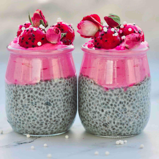 Dragon Fruit Powder chia pudding with natural pink pitaya topping.