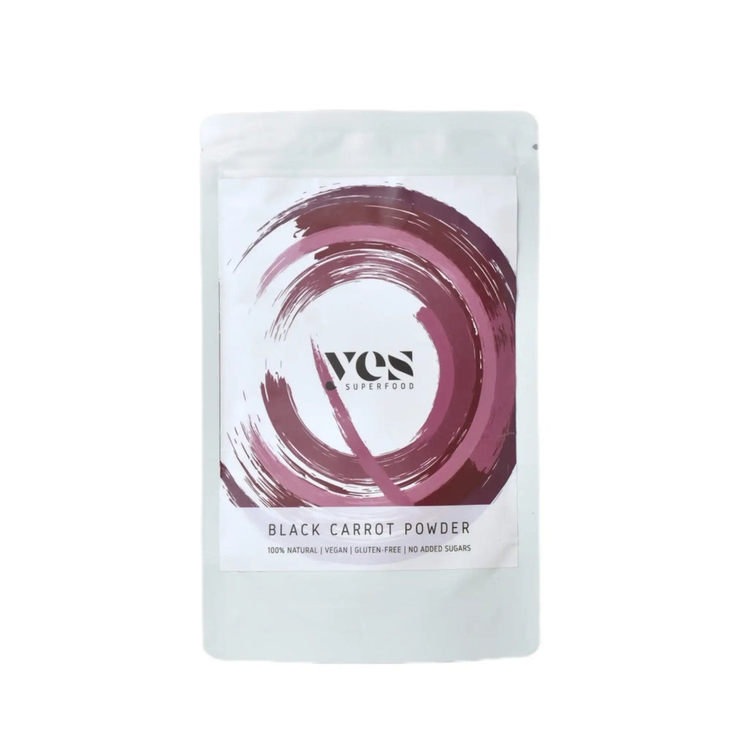 Yes Superfood Black Carrot Powder pouch, a natural purple colour powder for drinks and desserts