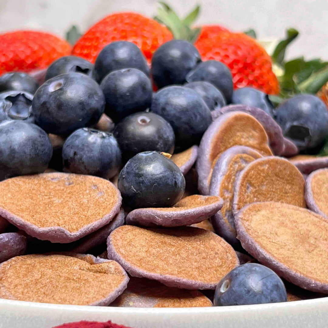 Black Carrot Powder used to create naturally purple mini pancakes with berries
