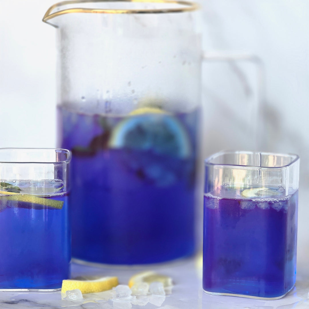 Blue Spirulina used to create a naturally blue lemonade with lemon slices