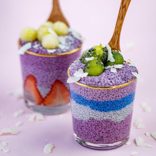 Butterfly Pea Powder and Blue Spirulina used to create a naturally coloured layered chia pudding