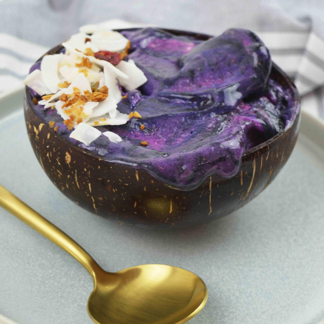 Butterfly Pea Powder used to create a naturally purple smoothie bowl