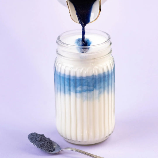 Blue Matcha latte made with Butterfly Pea Powder and milk