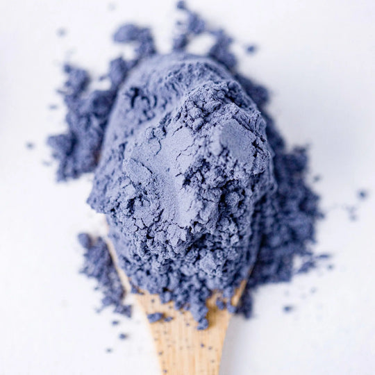 Butterfly Pea Powder in a wooden spoon showing its natural blue colour